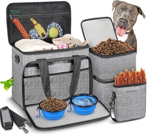 6 Set Dog Travel Bag, Large Pet Travel Kit for Supplies, Grey