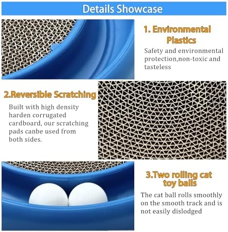 Interactive Cat Ball Track Toy for Indoor Cats, Cat Scratching Board & Exercise Set for Bored Indoor Adult and Kitten Mental & Physical Stimulation, with Spare Ball to Prevent Loss (Blue)