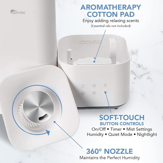 Senville 5L Top-Fill Humidifier for Home, Large Capacity Cool Mist Humidifier, Ultrasonic, With Essential Oil Diffuser for Aromatherapy White