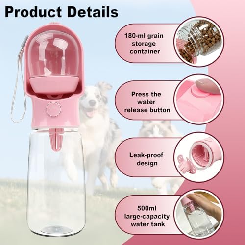 Pink Large Portable Dog Water Bottle with Food Container