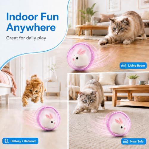 Self Rolling Interactive Cat Ball, Automatic Moving Cat Toy with Plush Animal Inside, 360° Rolling Cat Chasing Ball with Transparent Ball for Cats Dogs Small Pets (Pink,Rabbit)