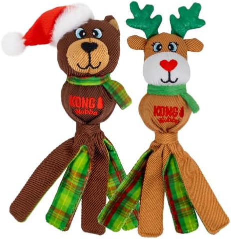 KONG Holiday Wubba Reindeer/Bear Small 2 Pack – Durable Interactive Tug & Toss Dog Toy