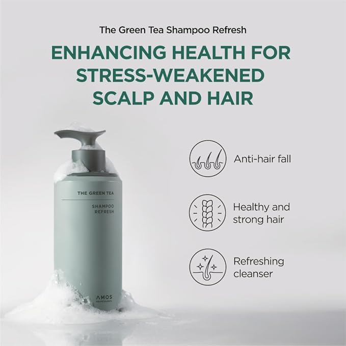 AMOS PROFESSIONAL The Green Tea Shampoo Refresh for Thinning Hair, Korean Shampoo for Oily Scalp l Deep Cleans, Strengthening Hair, All Hair Types, 16.9 fl. oz.