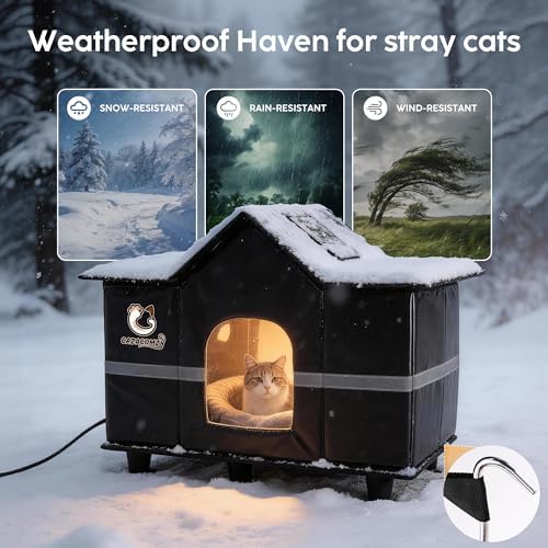 Large Outdoor Heated Cat House with Escape Door 28" x 16" x 17" Black