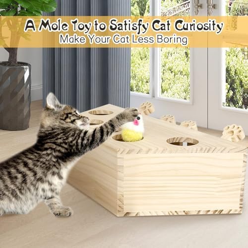 kathson Whack A Mole Cat Toy, Interactive Cat Toy Wood Kitten Puzzle Enrichment Box Catch Mice Game for Indoor Cat Exercise Relieve Boredom
