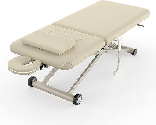 pouseayar Heavy Duty Electric Massage Table, Electric Lift Motor and Manual Backrest Adjustable for Treatment/Medical Spa/Facial Bed/Beauty Bed and More - 31.5 Wide x 75 Long - Beige Gray