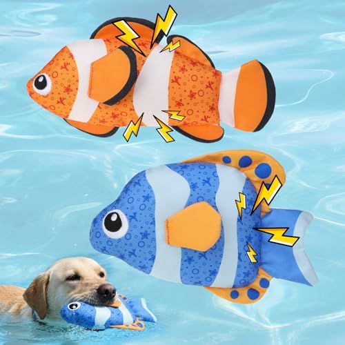Mihachi Floating Dog Water Pool Toys 2 Pack for Swimming Pool, Interactive Crinkle Pet Puppy Chew Toys for Play and Training, Funny Fish Toy for Small Medium Large Breed, Blue & Orange Fish