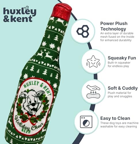 Huxley & Kent for Dogs | Holiday Cheer Beer (Large) | Holiday Christmas Power Plush Dog Toy with Squeaker | Funny Dog Gift | Fun, Durable, and Safe | H&K Squeaky Dog Toys