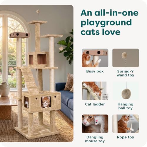 FurHaven 69.3" Tall Cat Scratching Post Tower for Indoor Cats, Sisal Cat Tree with 2 Condos, Tiger Tough Double Decker Playground, Toys & Perches for Cats, Sisal, Cream