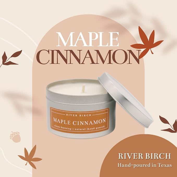 River Birch Candles Maple Cinnamon Scented Candle | Premium, All-Natural, Non-Toxic, Soy Candles | 8 oz. Silver Tin Travel Candle | Cozy Relaxing Gifts for Home