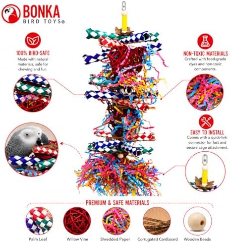 Bonka Bird Toys 1042 Huo Foraging Hearts Bird Toy for Medium Large Birds Interactive Shredding and Chewing Cage Toy Colorful Palm Leaf and Paper Enrichment Toy 12.5"