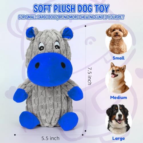 loncoldy Squeaky Dog Toys, Tough Stuffed Animals Hippo Chew Toy Blue