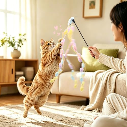 QUOZUO 8 Pack Interactive Cat Wand Toy Set, Cat Teaser Wand with Bells Colorful Feather Rainbow Kitten Toys for Exercise Indoor Cats Kitten
