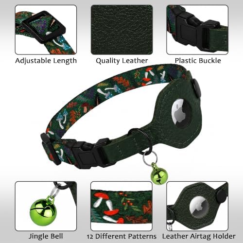 Breakaway Cat Collar with Leather AirTag Holder & Bell - Apple Air Tag Cat Collars for Girls & Boys, Lightweight Anti-Lost GPS Tracker Design, Printed Pattern - Safety and Adjustable (Mushroom)