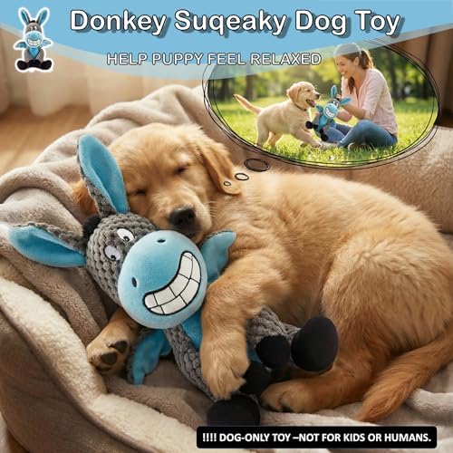 Donkey Squeaky Interactive Dog Toy -7.4''X9.8'' Plush Stuffed Chew Dog Toy with Crinkle Paper for Small Dogs and Puppies，Dog Birthing Teething Toy（Blue）