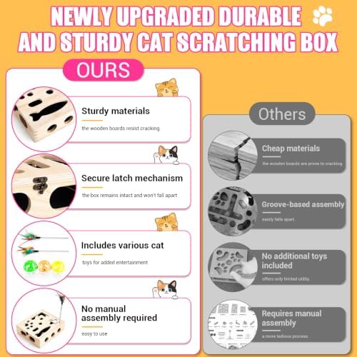 Large Cat Nail File Box, Sturdy Wood with 3 Small Balls & 2 Cat Teaser