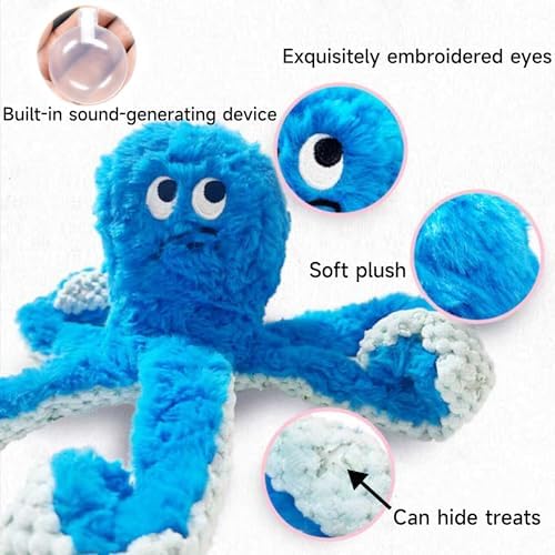 TRAVEYO Blue Octopus Dog Toys with Squeaker，Dog Treat Toys with Soft Rope Tentacles with Treat Hiding Pockets, 14.17 Inches
