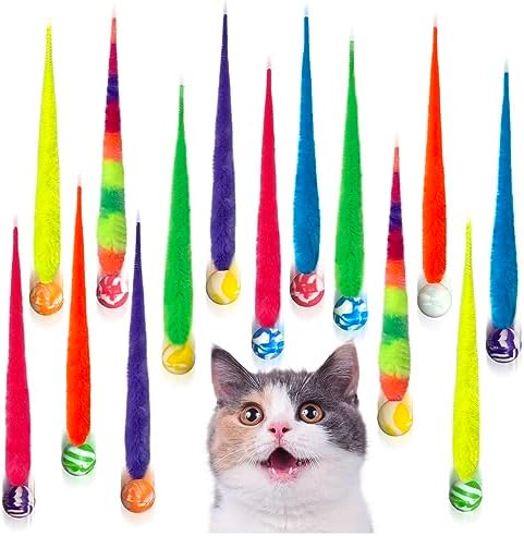 AcceLeah 14 Pcs Fluffy Rainbow Elastic Balls, Interactive Cat Toys
