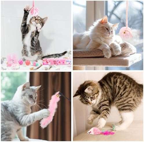 QUOZUO Pink Cat Toy Kitten Toys Set, Hanging Interactive Kitten Toys Wand Springs Mice Crinkle Balls and Pet Bell Balls Toys for Indoor Cats, 12Pcs Gift Box Styles (Pink)