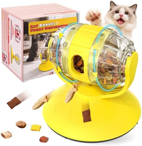 Cats Slow Feeder 4.6" High Cat & Dog Dry Food Dispenser Toy with Wine Barrel Spinner, Treat Dispenser for Boredom & Anxiety Relief, IQ Training for Small/Medium Pets (Yellow)