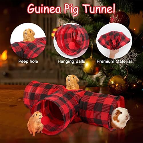 YUEPET 3 Way Bunny Hideout Tunnel, Guinea Pig Toys, Red Plaid