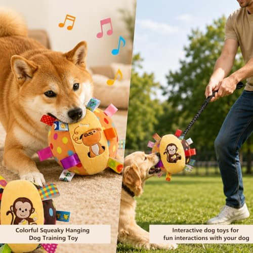 Colorful Squeaky Play Ball,Colorful Squeaky Hanging Dog Training Toy with 60 inch Elastic Ropes Soft with Bell 6-inch Soft Puppy Ball for Small Dogs & Puppies Indoor & Outdoor (Dog-A)