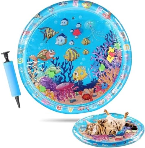 Cat Water Mat with Fish- Thickened Cat Sensory Water Play Mat Toy, Indoor Pet Water Bed Play Mat-Round