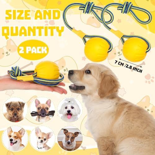 Hsei 2 Pcs 2.8" Dog Rope Toy Ball on Rope Fetch and Tug of War Toy for Dog