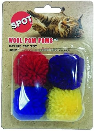 SPOT Wool Pom Poms Cat Toy - Interactive Wool Balls Cat Toy with Catnip for Cats and Kittens to Bite, Swat and Chase - 1.5 inch, 4 pcs (Pack of 2)