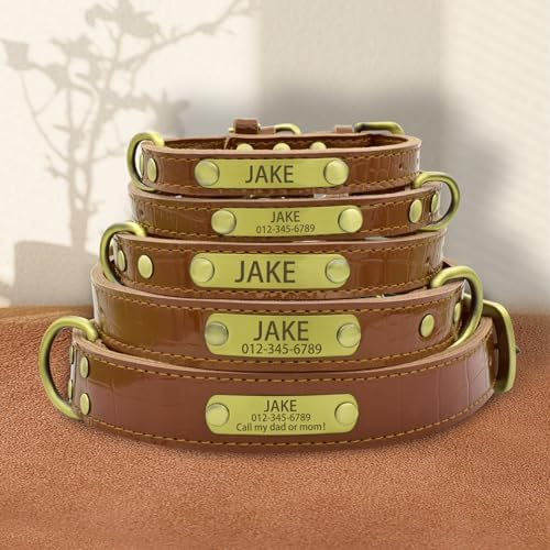 Personalized Genuine Leather Dog Collar with Engraved Name Plate - Durable and Stylish Custom Dog Collar for Small, Medium, and Large Dogs (S,Brown)