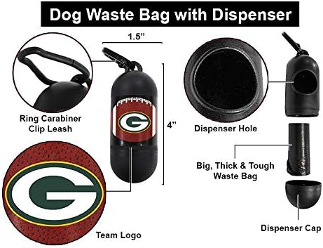 Pets First NFL GREEN BAY PACKERS PET LICENSED Poop Waste Bag Dispenser and D Ring for Leash with 1200 Premium Garbage Bags