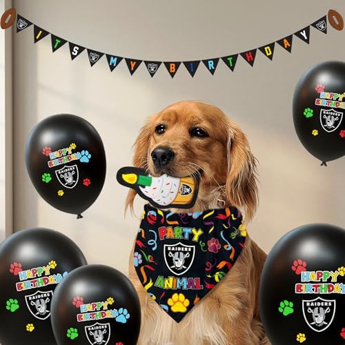 NFL LAS Vegas Raiders Dog Birthday Party Set 9pcs with 1 Football Bandana Small/Medium, 1 Banner, 1 Birthday Cake Toy & 6 B-Day Balloons, Dog Birthday Set, Costume, Fun Doggie Pawty Accesories