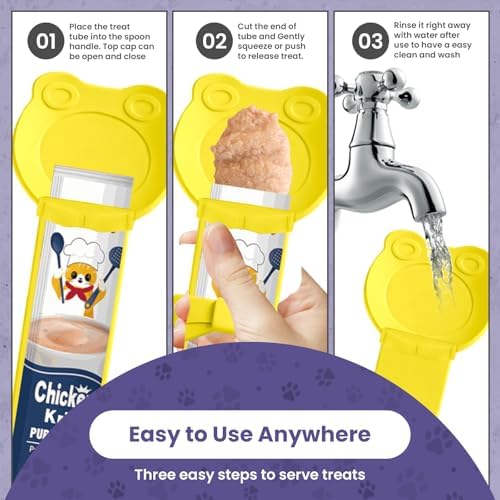 Lickable Cat Treat Spoon, Puree Squeeze Feeder, Silicone, Yellow