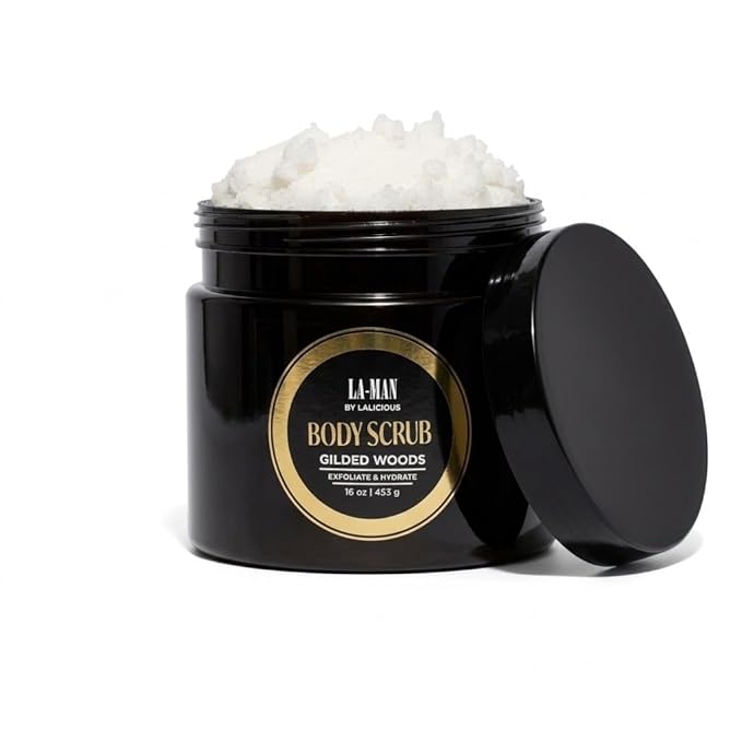 LALICIOUS Gilded Woods La-Man Body Scrub - Exfoliating Sugar Scrub for Men - Body Exfoliator for Dead Skin & Optimal Hydration - Pure Cane Sugar + Coconut Oil - 16oz