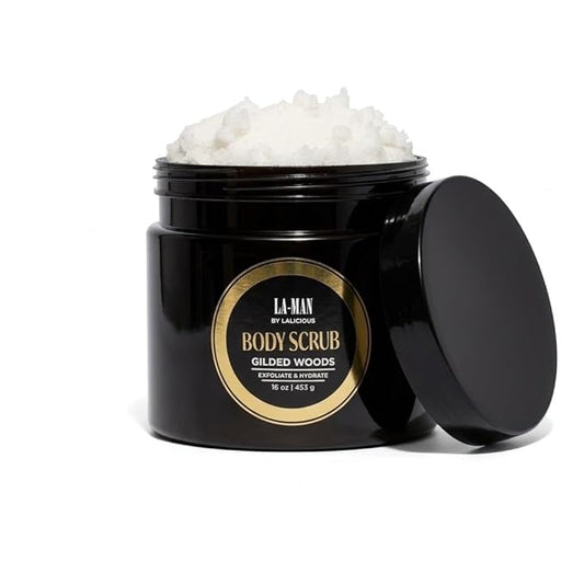 LALICIOUS Gilded Woods La-Man Body Scrub - Exfoliating Sugar Scrub for Men - Body Exfoliator for Dead Skin & Optimal Hydration - Pure Cane Sugar + Coconut Oil - 16oz