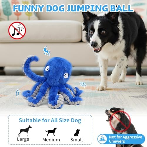 Interactive Dog Octopus Toy, Upgrade Automatic 1.5H Jumping Ball with Motion Activation for Small Large Dogs, 2 in 1 Rechargeable Move & Tug Plush Toy Pets Keep Busy, No Music (Blue Crinkle)
