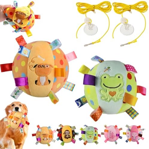 Colorful Squeaky Hanging Dog Training Toy, 6-Inch Squeaky Hanging Dog Toy, Soft Stuffed Ball with Cotton Material, Built-in Bell, Interactive Tug Chew Toy for Small Medium Dogs Indoor Play Fun (Mix-3)