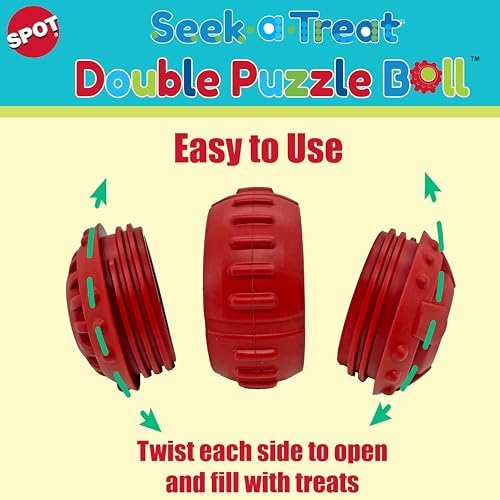 SPOT Seek-A-Treat Double Puzzle Ball Dog Toy, 3.25 in Durable Rubber Treat Dispenser with Dual Openings for Mental Stimulation & Long-Lasting Play, for Dogs up to 50 lbs