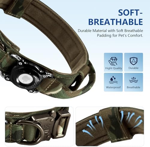 Tactical AirTag Dog Collar Waterproof with QR Code ID Tag, Military Training Dog Collar with Built-in AirTag Holder, Metal Buckle & Handle, GPS Tracking Collar for Medium to Large Dogs (Camo, L)