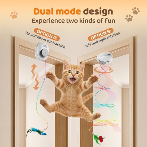 Interactive Cat Toys for Indoor Cats, Automatic Rechargeable Hanging Feather Wand with Flying Motion, 4 Packs Replaceable Accessories, Exercise Enrichment Toy for Cats, Long-Lasting USB Charging