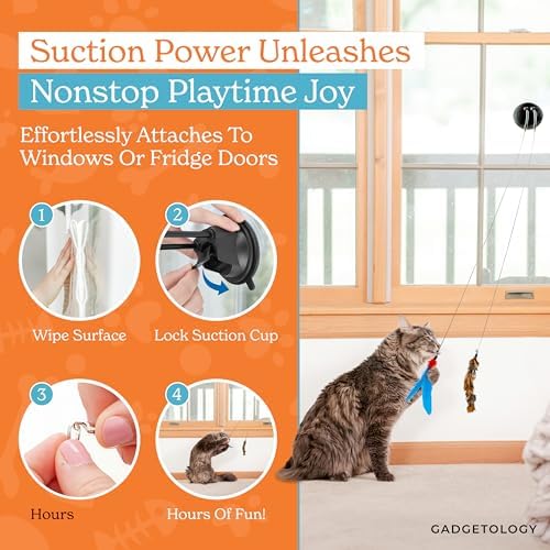 Interactive Cat Toys for Indoor Cats - 6 Feathers 3 Worms Double Sided Suction Cup - Round Base Teaser Wand - Self Play Bird Hunting - Bored Adult Feline Solo Activity - Kitten Juguetes para Gatos