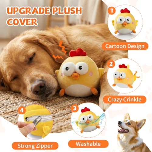 Replacement Plush Cover for Interactive Dog Toy, Soft Dog Squeaky Toy with Crazy Crinkle and Strong Zipper for Small Large Dogs Keep Busy, Washable Plush Cover Without Ball (Yellow Chicken)