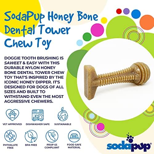 SodaPup Honey Bone Dental Tower – Durable Dog Chew Toy Made in USA from Non-Toxic, Pet Safe, Food Safe Nylon Material for Mental Stimulation, Clean Teeth, Fresh Breath, Problem Chewing, & More