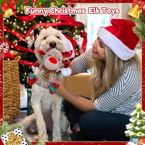 loncoldy Christmas Dog Toys, Funny Squeaky Reindeer Toy with Crinkle Paper Attract Pets, Interactive Plush Chew Toys, Adorable Christmas Elk Dog Gifts for Small Medium Large Dogs