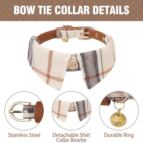 KOOLTAIL Small Dog Collar and Leash Set with Bowtie and Bells - Cute Shirt Style Puppy Bandana Collar and Leash for Male with Classic Plaid Pattern,Soft Leather Leashes for Small Dogs Boys Girls,Beige
