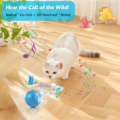 Interactive Cat Toys for Indoor Cats, Fast Rolling, Chirping, Motion Activated Automatic Cat Toy for Enrichment, Smart Cat Ball Toy 1 Count with 2 Tails and 3 Speed Adjustment, Blue