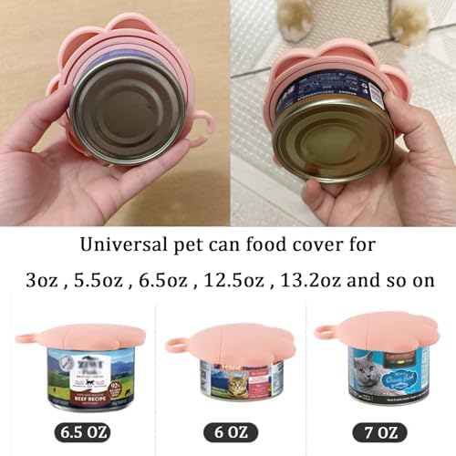 3 Pcs Cat Food Can Lids & One Opener | Cute Paw Shape Can Covers and Opener Spatula Cat Spoons for Wet Food | Universal BPA Free Silicone Spoon & Covers for Dog Cat Cans(Pink)
