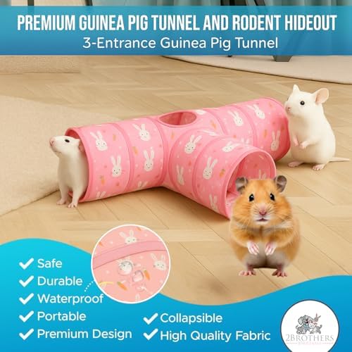 Tunnels with 3-Way Entrance - Cozy, Washable Guinea Pig Hideout - Interactive Cage Toys (Pink Bunnies)