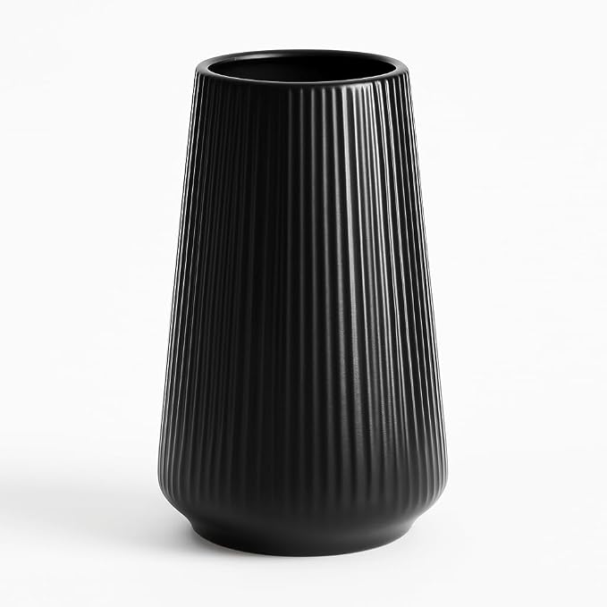 Black Ceramic Vase, 8 Inch Flower Vase for Pampas Grass, Modern Ribbed Decorative Vase with Narrow Opening for Living Room Table, Shelf Decor