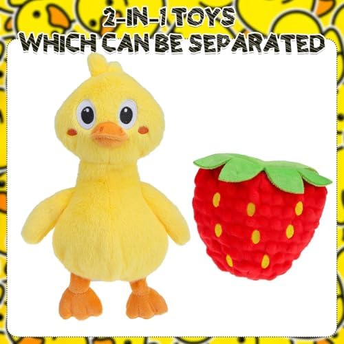 EXPAWLORER Interactive Squeaky Dog Chew Toy, 2-in-1 Detachable Strawberry & Duck Dog Toys, Stuffed Soft Plush Crinkle Fetch Toy with Squeakers in Head & Body for Puppy Small Medium Dogs, Yellow & Red